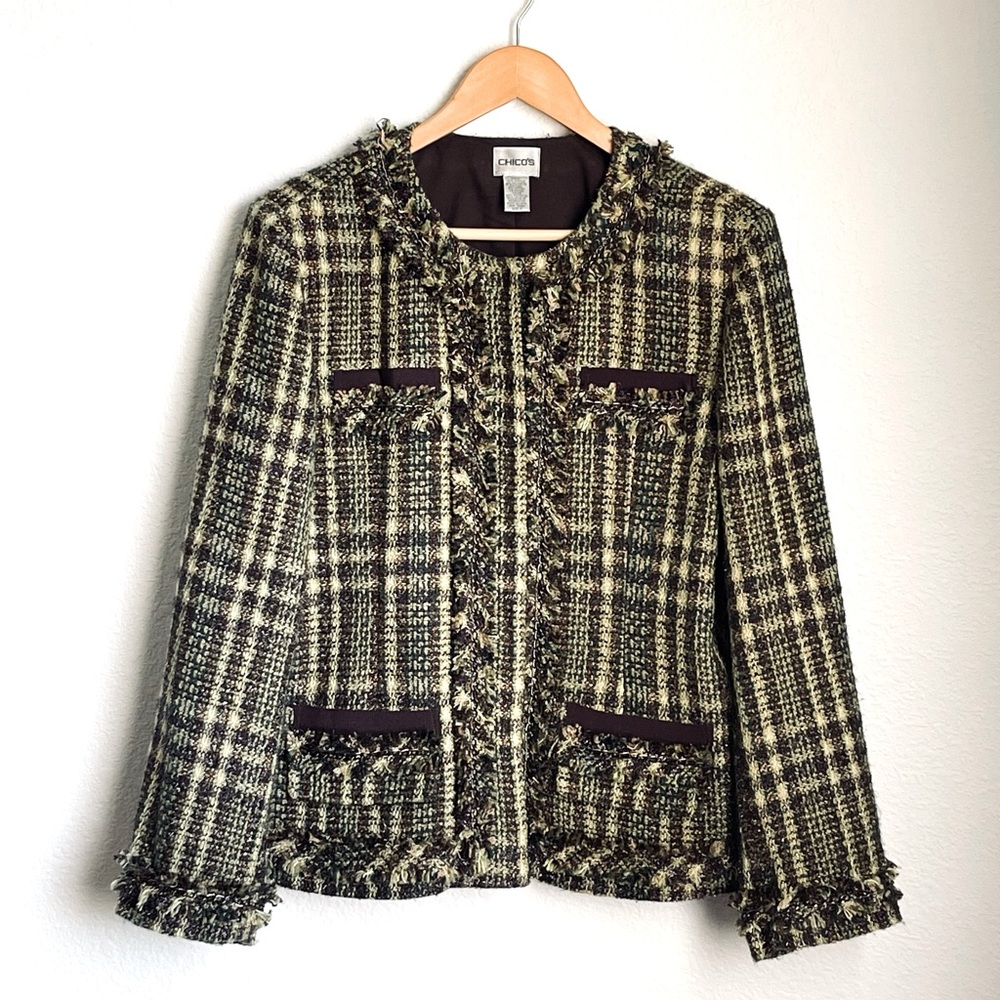 Chico’s green and brown tweed jacket